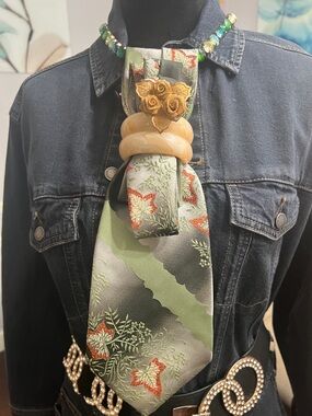 Green Floral Silk Tie Necklace with Gold Rose and Peach Accents aka the GG